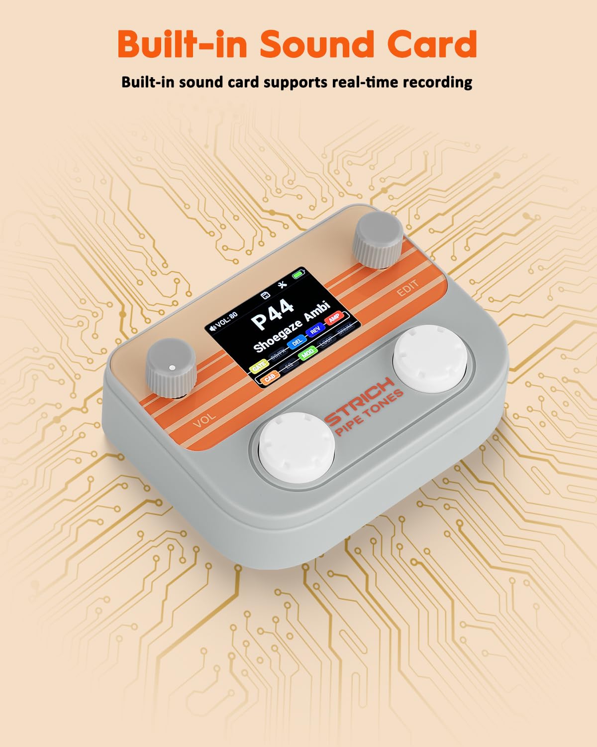 STRICH Pipe Tones Pocket Multi-Effects Processor para guitarra y bajo con 10 módulos de efectos 125 efectos Looper 40s 100 patrones de batería Interfaz de audio USB Control inalámbrico (Gris)