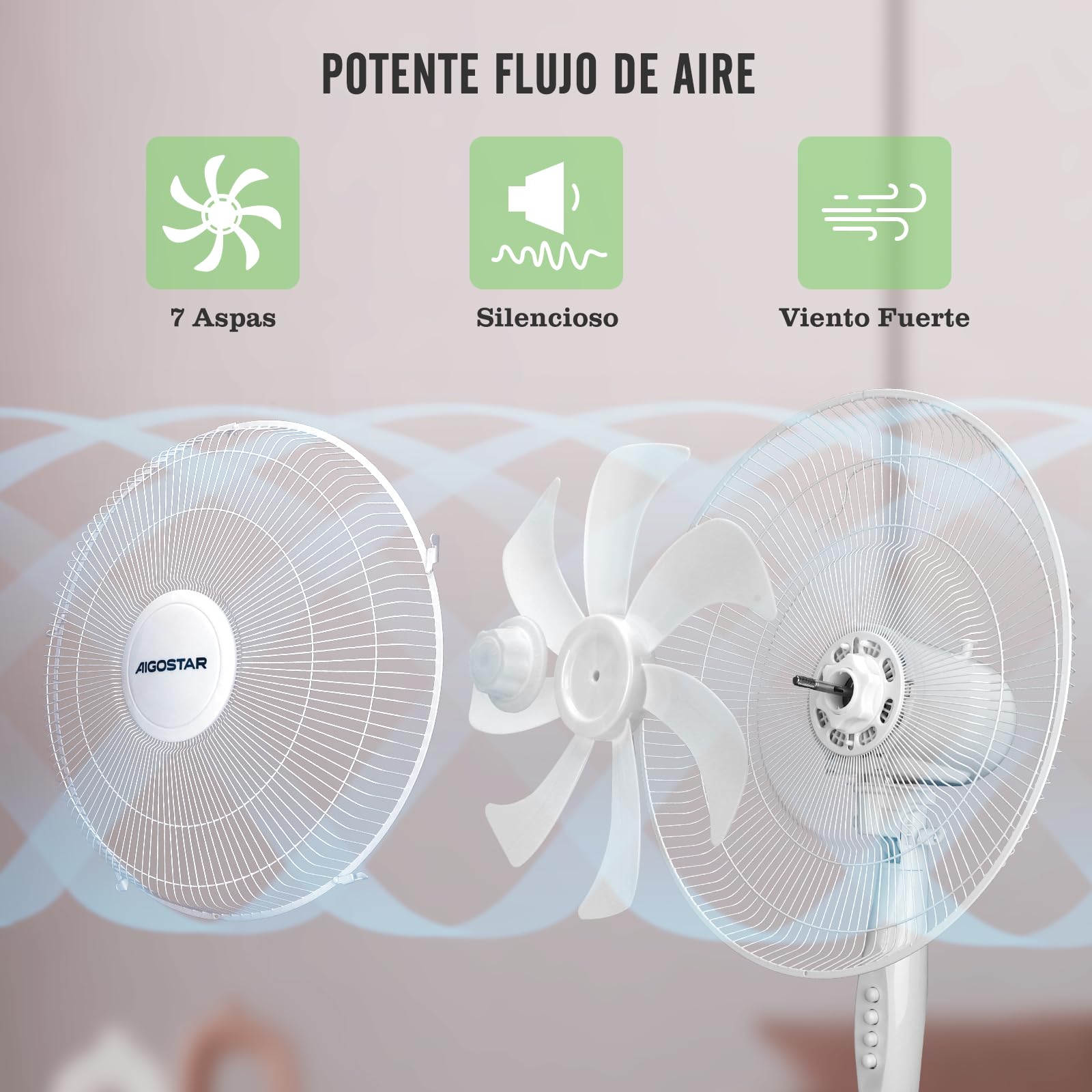Aigostar Ventilador de Pie con 7 Aspas, Altura Ajustable 108-130cm, Ventilador Silencioso (43 cm Ø), Oscilante 70°, 3 Velocidades, para Salón, Dormitorio y Oficina, Erika