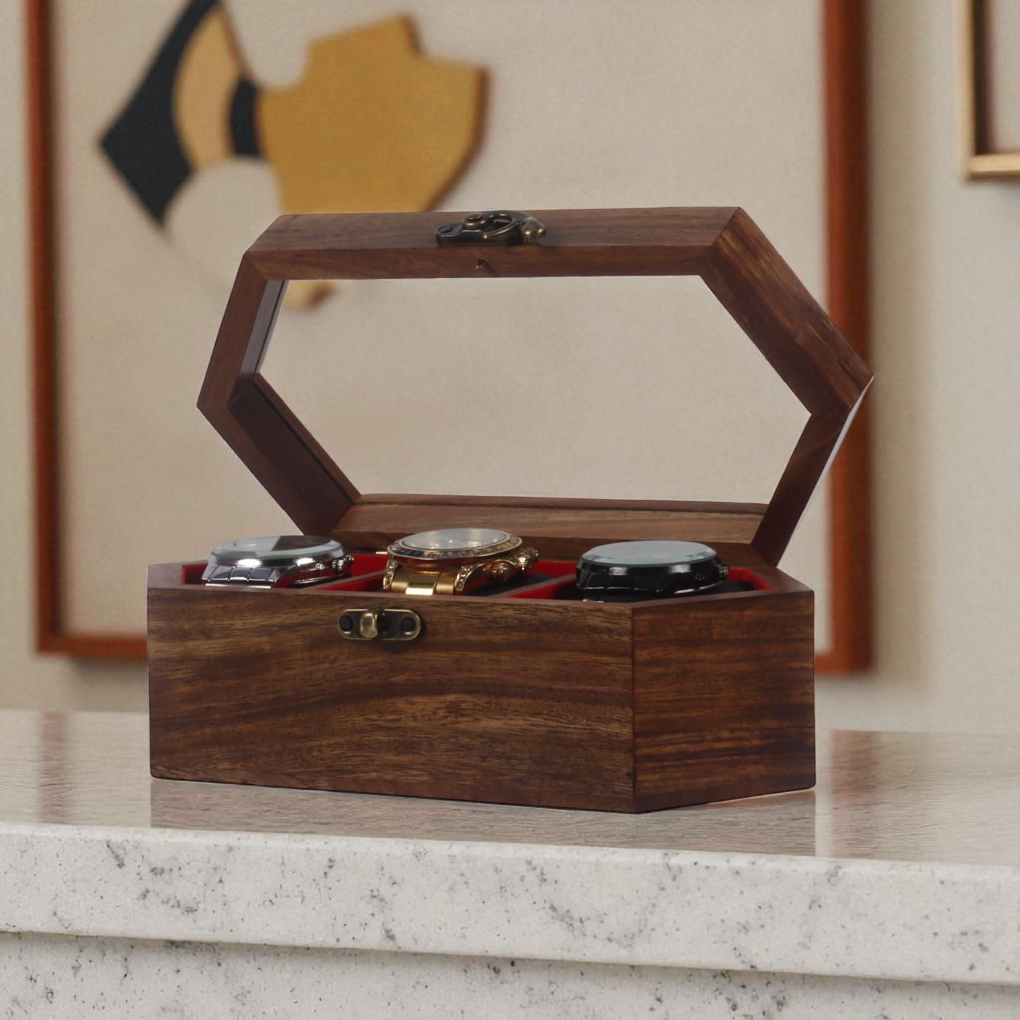 Caja expositora de madera para reloj, construcción de palisandro y arce, tapa de cristal con cerradura vintage, estuche de almacenamiento de joyas, hecho a mano de arce y