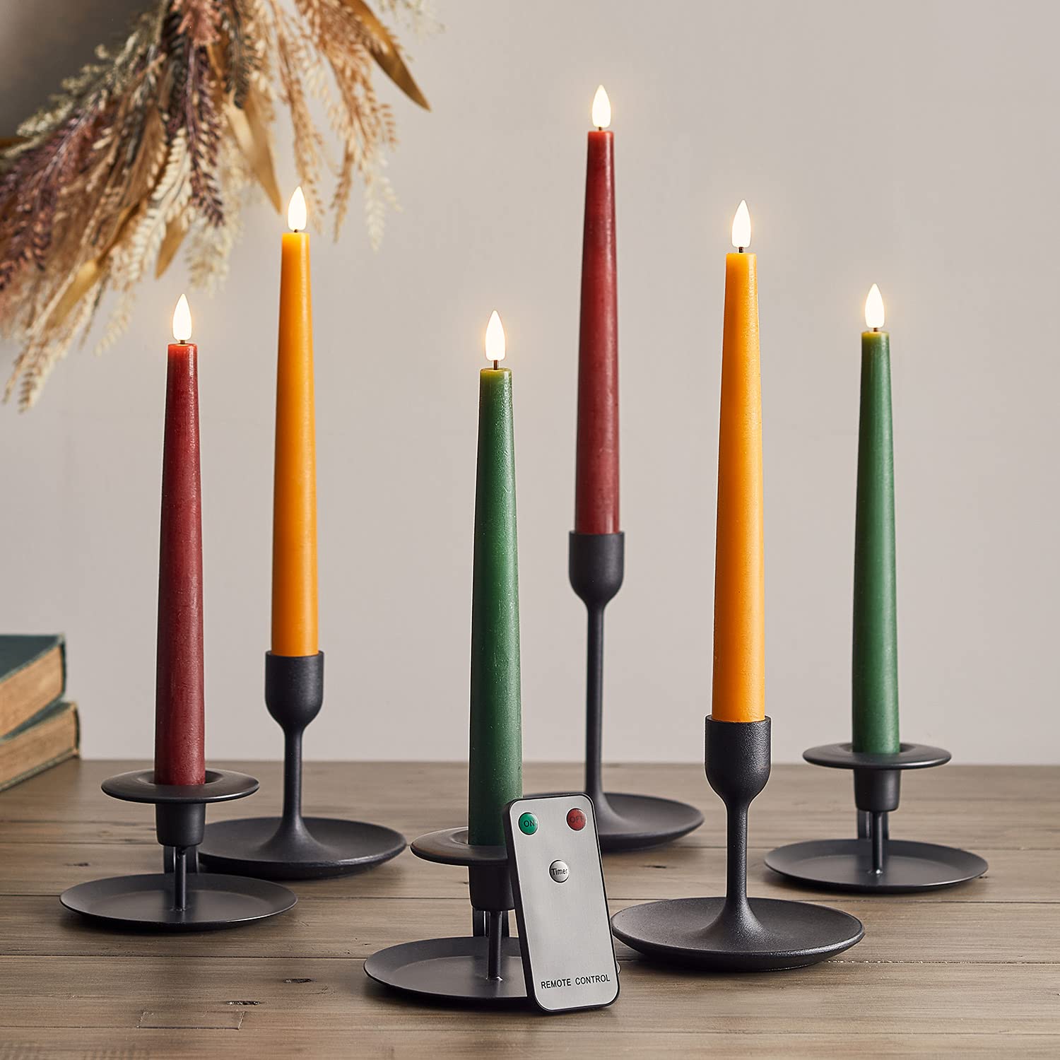 Lights4fun Red, Yellow, Green Set Of 6 Autumnal Taper Candles With Remote Battery Led Flameless Real Wax Timer