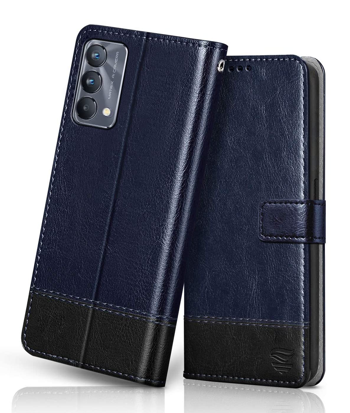 FLIPPED Vegan Leather Flip Case Back Cover for Realme GT Master Edition (Flexible, Shock Proof | Hand Stitched Leather Finish | Card Pockets Wallet & Stand | Blue with Black)