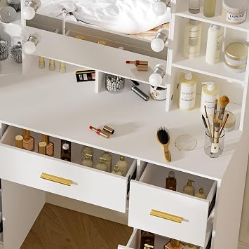Girls Makeup Vanity, 10 Adjustable Bulbs Lights, 3 Light Mode, 7 Drawers, 8 Open Shelves, 2 Hidden Cabinets Vanity Desk, Makeup Table with Large Tabletop, 55Inches, Morden White