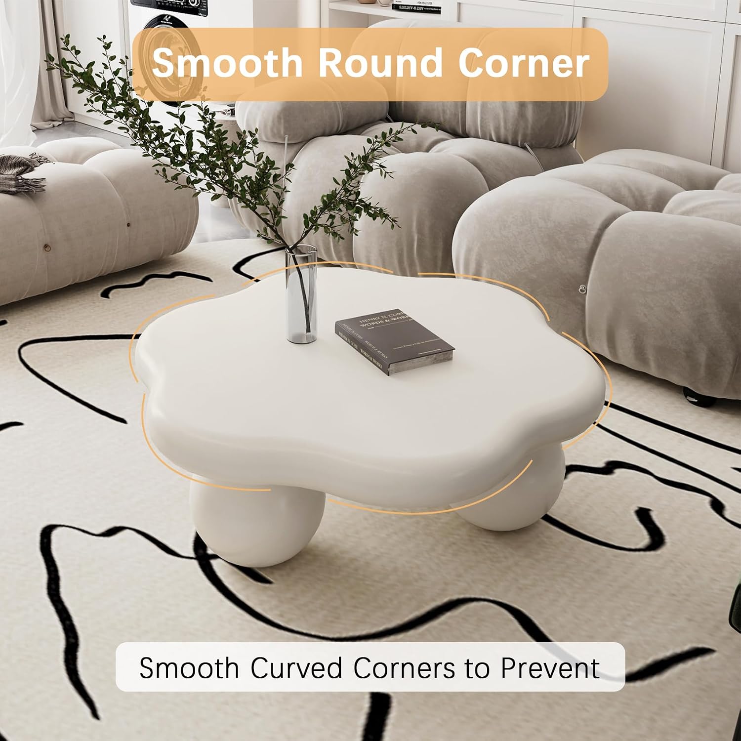 35" Cloud Coffee Table, Petal-Shaped Modern Minimalist Coffee Table with Spherical Legs, Unique Center Table for Living Room, Balcony, for New Home, Easy Assembly, White