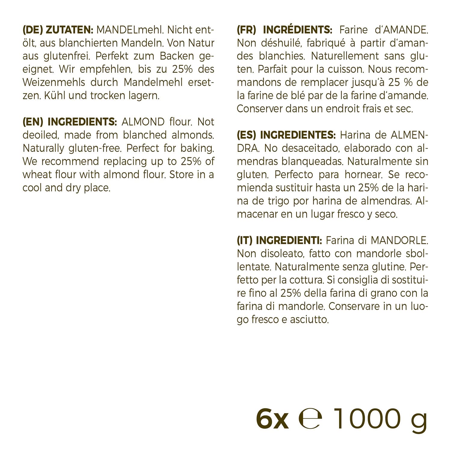 Harina de almendras MeaVita, natural, blanqueada, paquete de 6 (6 x 1000g) en una bolsa