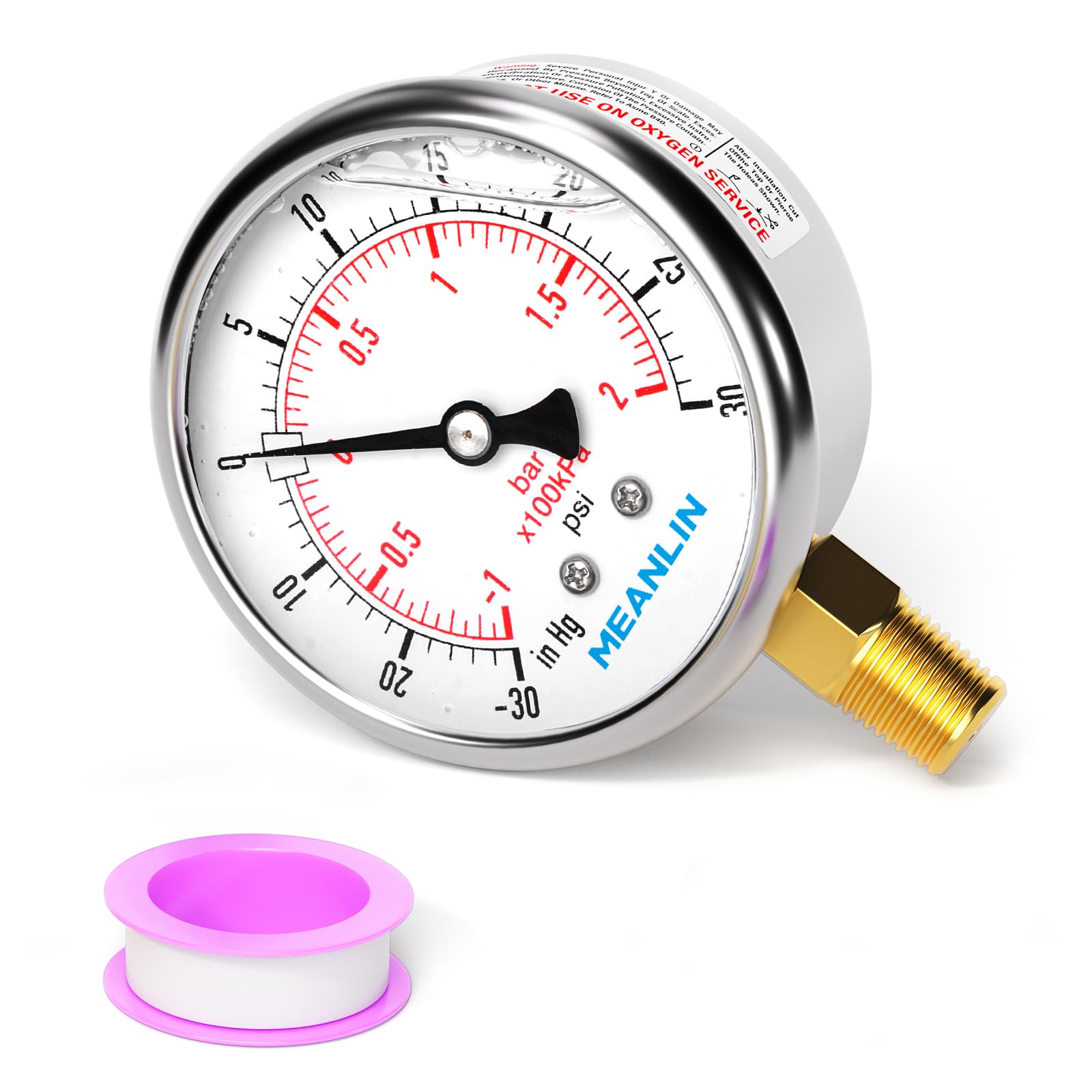 MEANLIN MEASURE -30inHG~30Psi Vacuum Pressure Gauge 1/4" NPT 2.5" FACE DIAL, Stainless Steel Liquid Filled Pressure Gauge WOG Water Oil Air Lower Mount (with 2PCS Snaps)