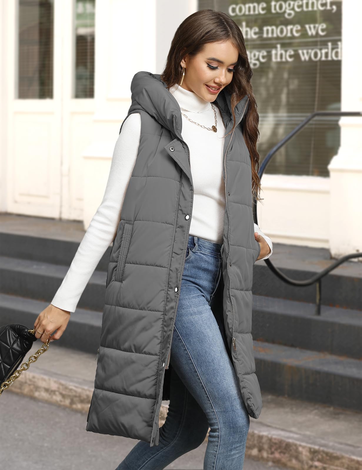 Yuson Girl Chaleco Mujer Chalecos Acolchados Medio Largo Chaquetas sin Mangas Casual Chaleco Grueso Invierno Abrigo Outwear con Capucha Largos Calentador de Cuerpo con Bolsillos