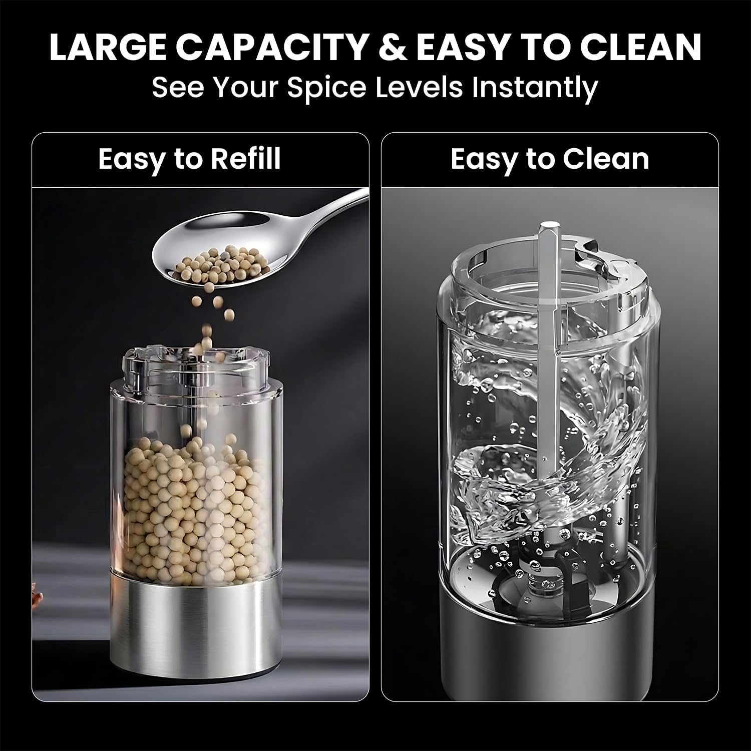 Electric Salt and Pepper Grinder Set, Rechargeable Salt and Pepper Grinders, Stainless Steel Automatic Pepper Mill, Adjustable Coarseness, LED Light, One-Hand Operation for Kitchen & Dining