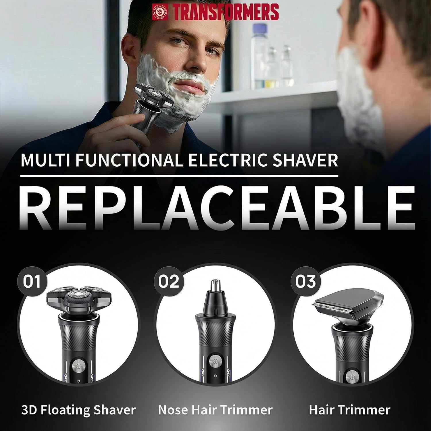 TRANSFORMERS Electric Razor for Men, 2-Speed Adjustable Shaver, IPX7 Waterproof, USB-C Fast Charging, LED Display, Smart Anti-Snag Beard Trimmer for Sensitive Skin, Mens Grooming Gift (Black)