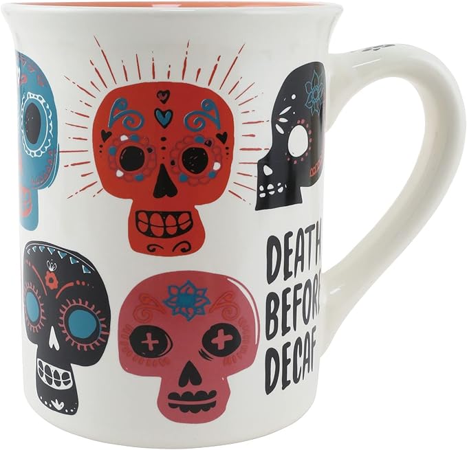 Enesco Our Name is Mud Halloween Sugar Skull Death Before Decaf Coffee Mug, 16 Ounce, Multicolor