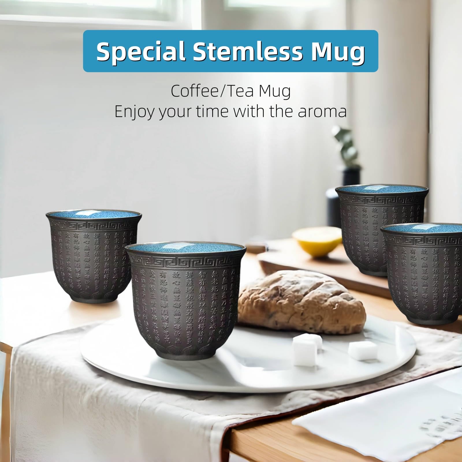 Japanische Teetasse 4er Set, Chinesische Keramik Becher Ohne Henkel, Buddhistische Herz-Sutra-Muster Kleine Tasse,160ML,Spülmaschinenfest