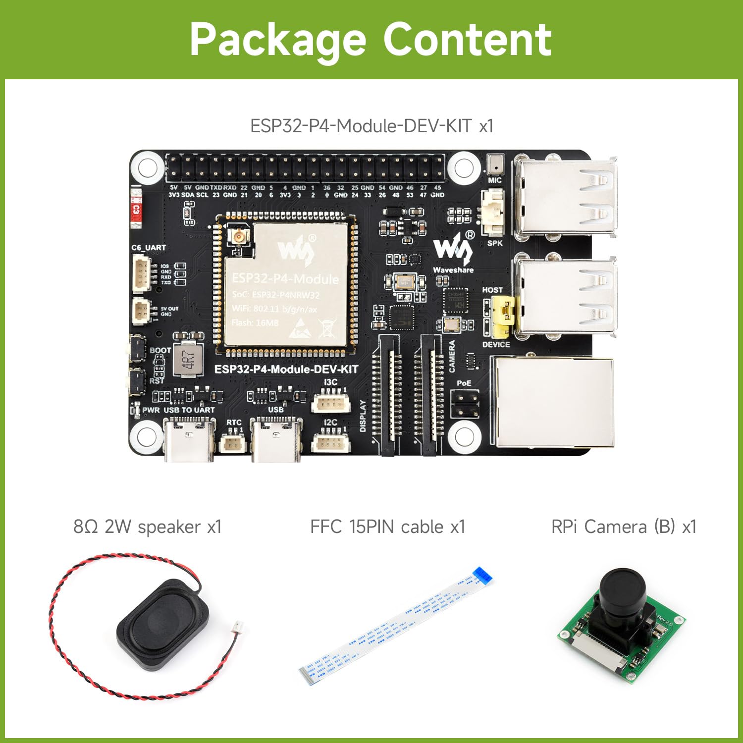 Waveshare ESP32-P4-Module-DEV-KIT-A, ESP32-P4-Module High-Performance Development Board, Based On ESP32-P4 & ESP32-C6, Supports Wi-Fi 6 & BT 5/BLE, with Speaker & RPi Camera (B)