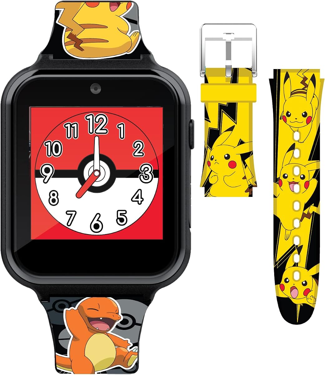 Reloj inteligente interactivo Pokémon para niños con pantalla táctil, correas intercambiables de Pikachu y sus amigos, cámara incorporada, alarma, cronómetro, calculadora y 10 esferas de reloj, se adapta a muñecas de 5,5 a 8 pulgadas