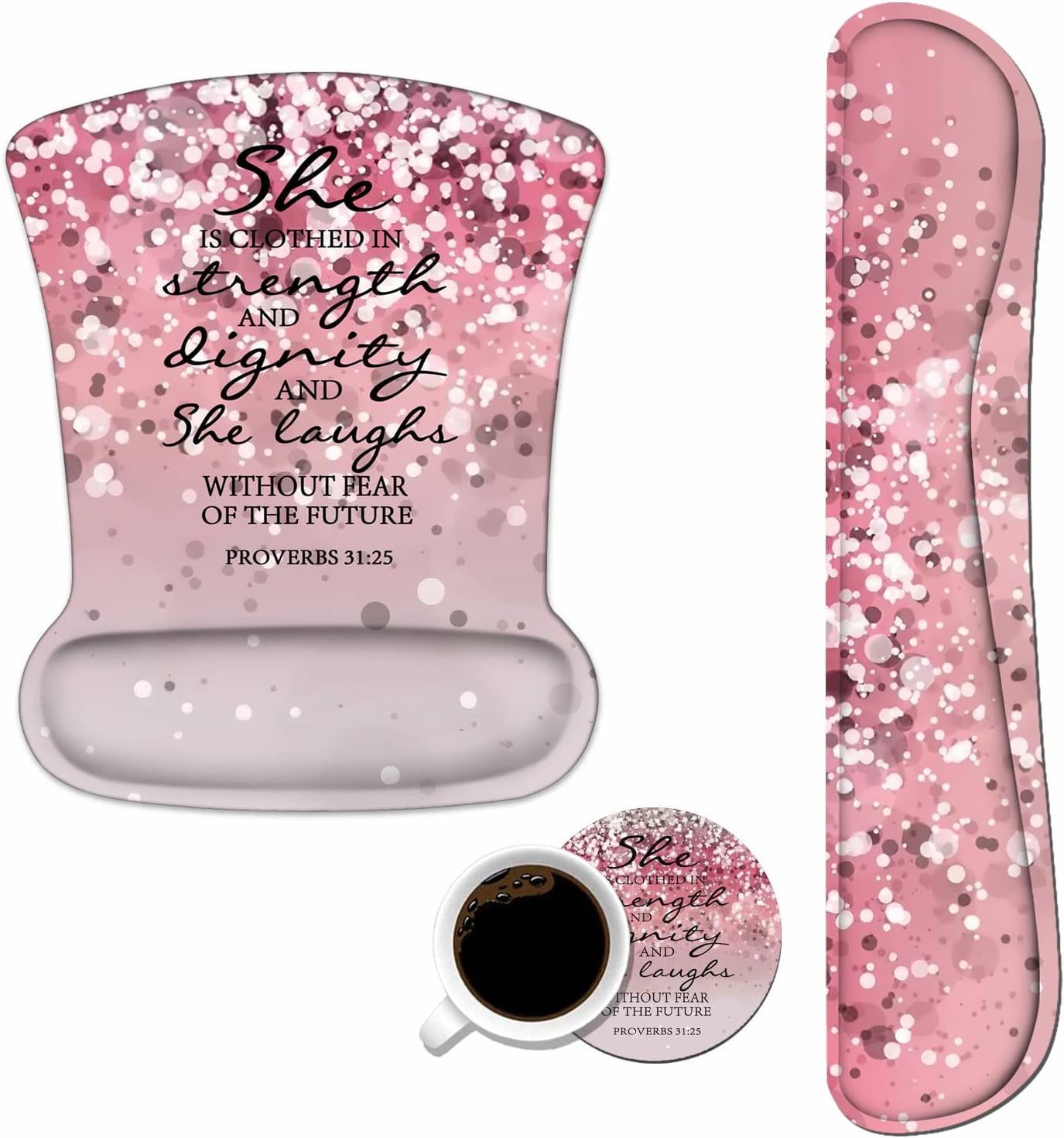 Keyboard Wrist Rest and Mouse Wrist Rest Pad Set with Coasters, Ergonomic Support, Non-Slip PU Base, Easy Typing & Relieve Wrist Pain for Home Office Working Studying, Pink Bible Verse Proverbs 31:25