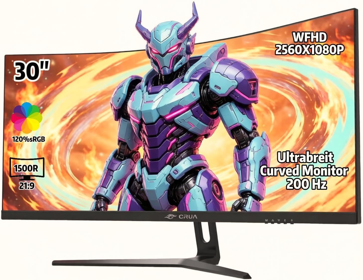 CRUA 30" Ultra Wide Curved Gaming Monitor, 165Hz/200Hz, WFHD (2560 x 1080p), 1500R VA Screen, 120% sRGB Colour Space Coverage, Supports AMD FreeSync, Wall Mount (HDMI, DP) - Black