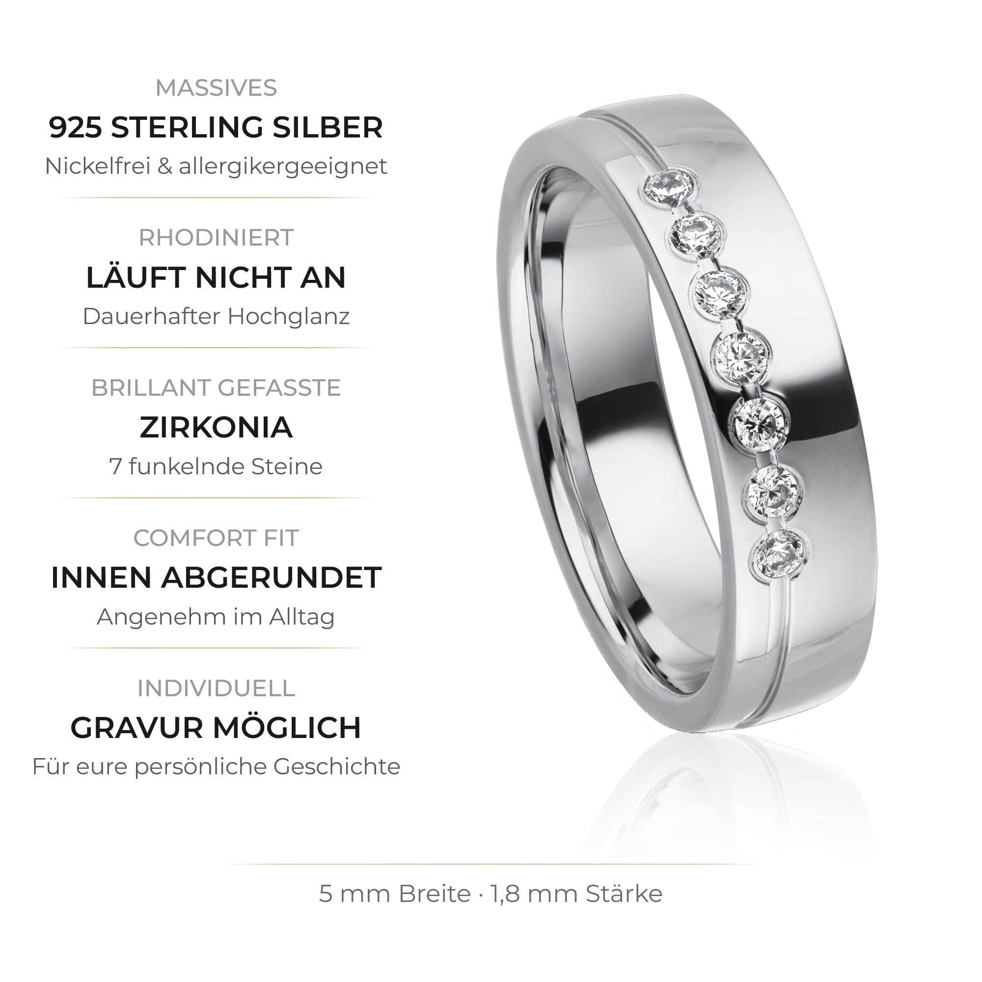 Kolibri Rings Damenring 7 Zirkonia Steine Sterling Silber 925 Ring Ehering Verlobungsring Partnerring Freundschaftsring - Inkl. Gravur und Etui