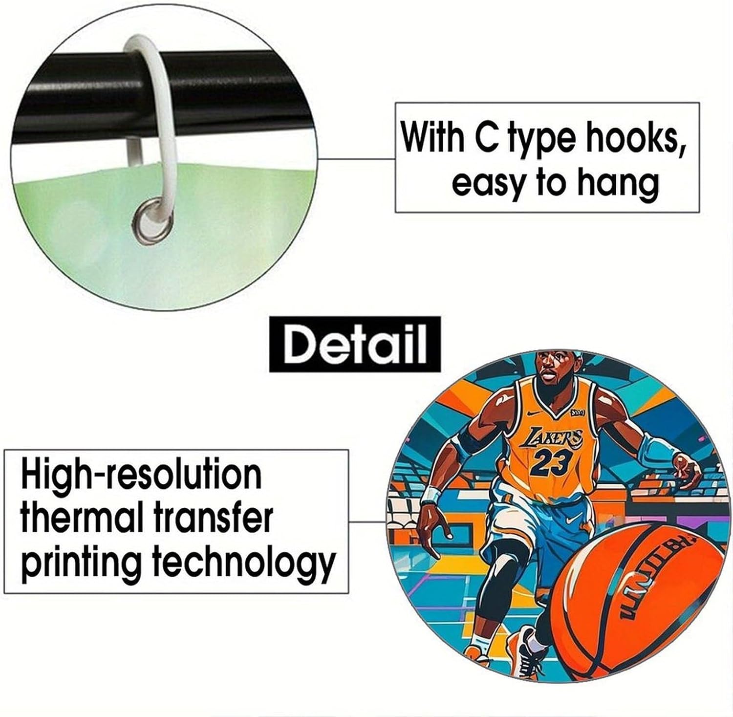 Cool Basketball Theme Shower Curtain with Hooks, Personalized Bath Curtain for Home, Washable Shower Liner for Hotel, Reusable Bath Curtains for Apartment, 70.8×70.8 Inches