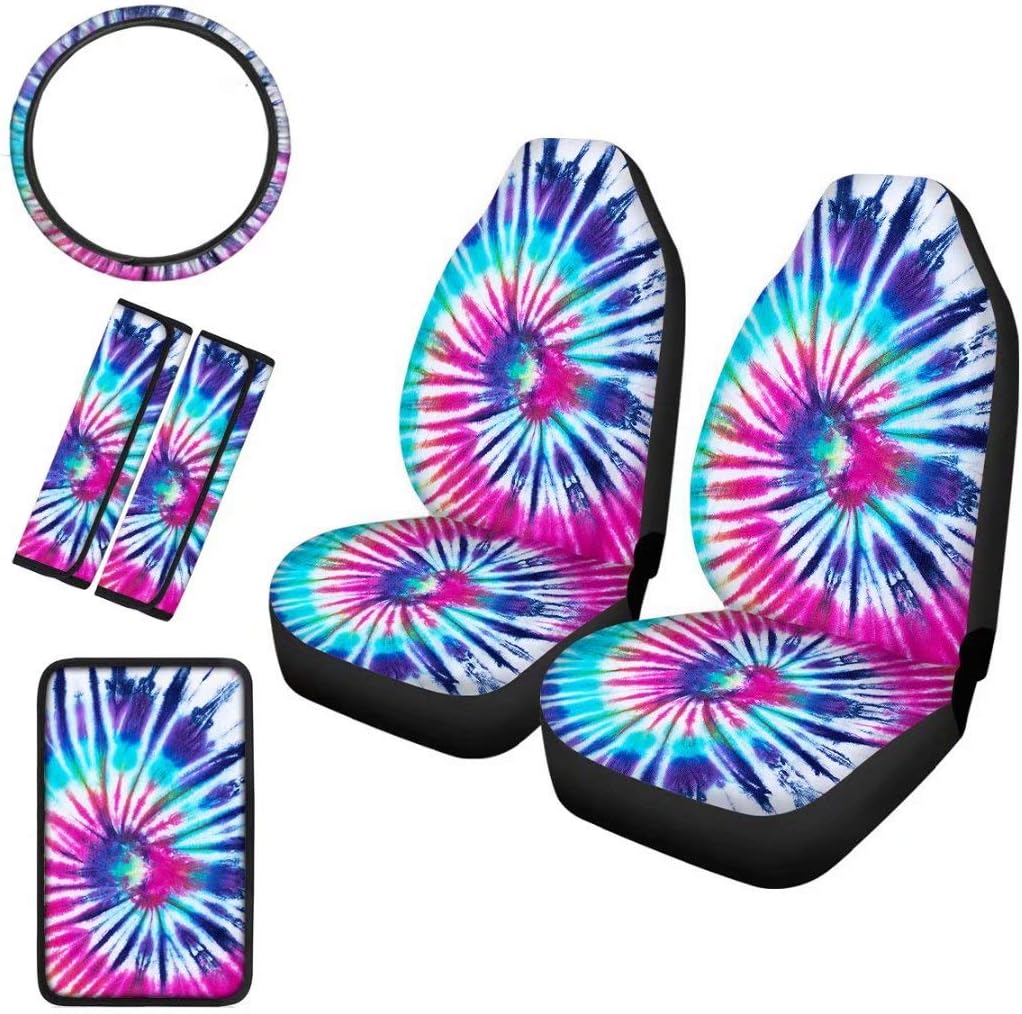 Bright Swirl Tie Dye Pattern Steering Wheel Cover Car Seat Covers Full Set Center Console Armrest Pad Cover Universal Seat Belt Pads Gift for Women 6 Sets