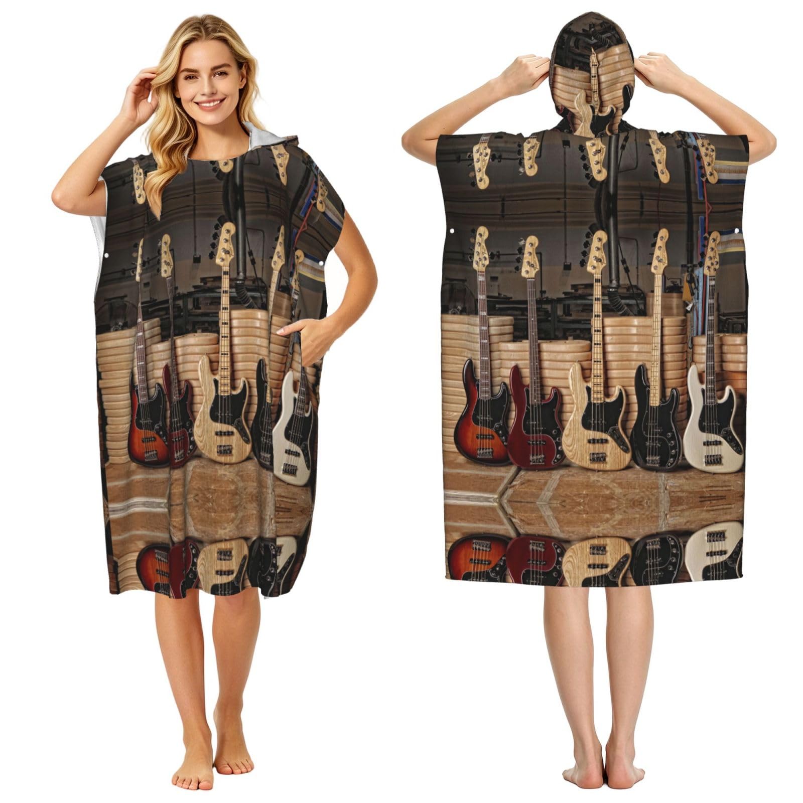 ESNAIUVCD Guitar Bass Music Musical Instruments Print Changing Robe, Hooded Towel Poncho For Swimming Pool, Beach,Quick Dry & Light Weight Towelling Poncho For Adults Women Men