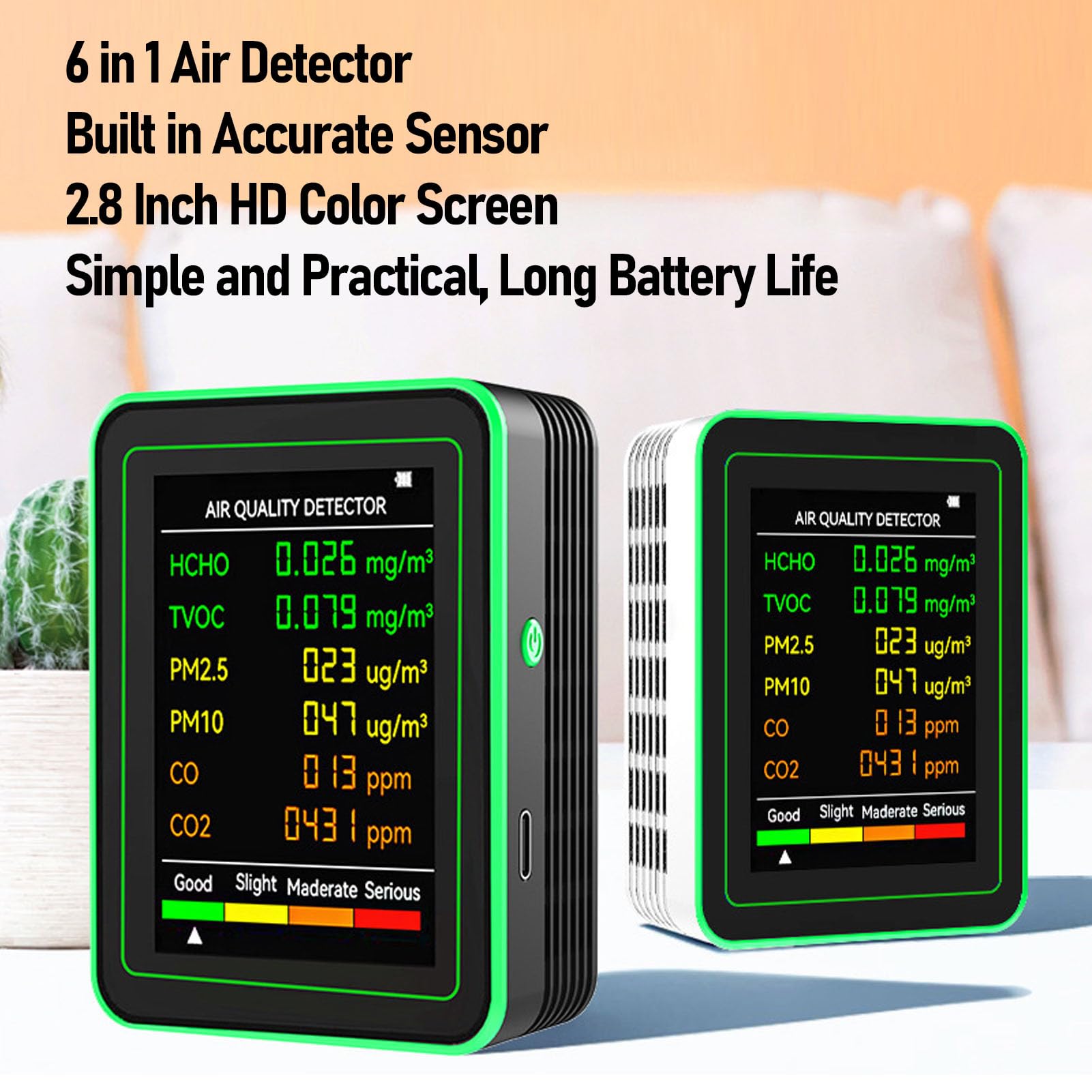 Air Quality Monitor, Portable Rechargeable Air Quality Meter Detector with CO2 TVOC HCHO PM2.5 PM10 Detection, 2.8 inch Color LCD Digital Display, for Home Office School Hotel (Black Green) (White
