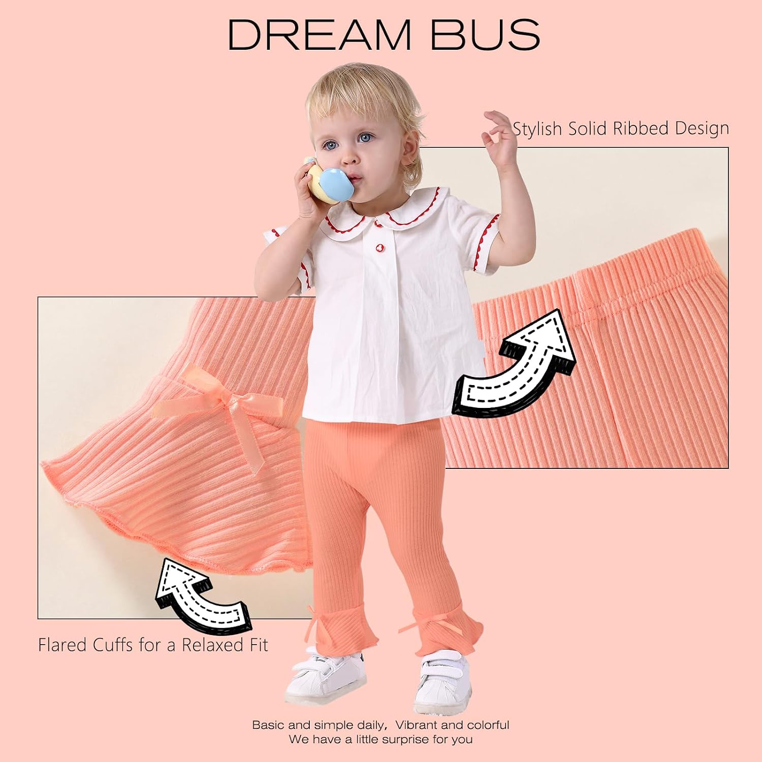 DREAM BUS 5 Pack Baby Pants Toddler Girl Ribbed Ruffle Bell Bottoms Toddler Leggings Baby Boy Pants Newborn Girl Flare Pants
