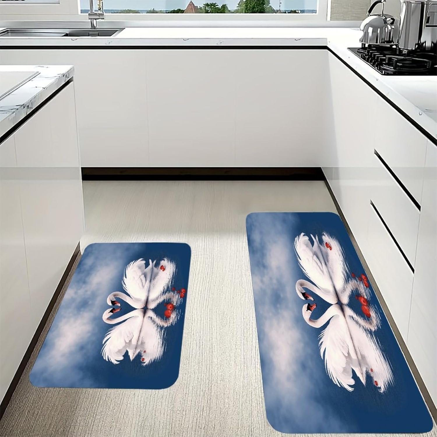 Valentine's Day Couple of Swans Heart Kitchen Mat Washable Non Slip Rugs Soft Kitchen Mats for Floor Set of 2 PCS Cushioned Absorbent Runner Standing Rugs for Home Sink Laundry Office