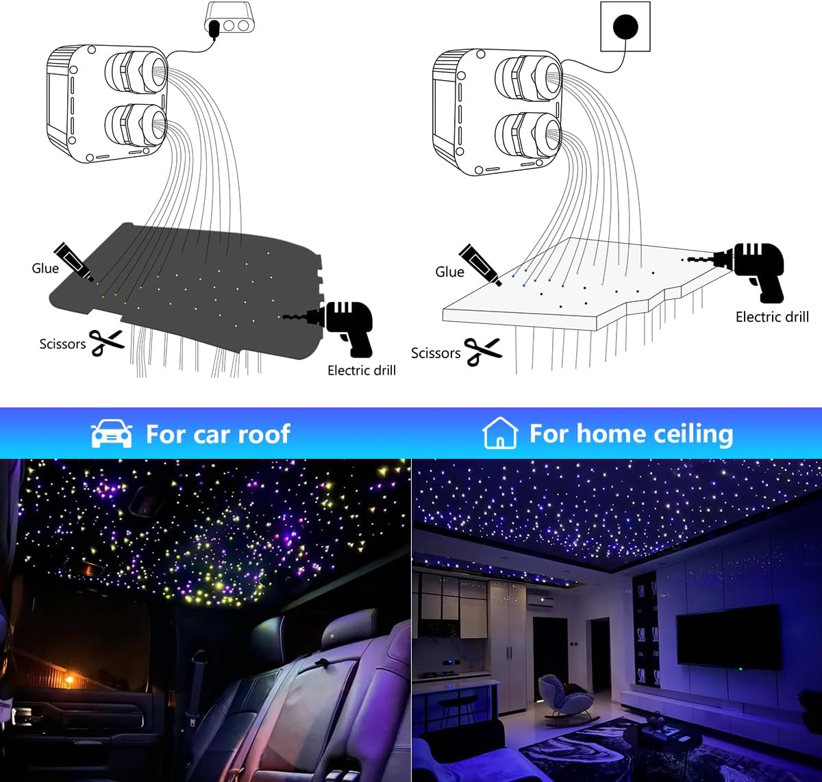 AMKI High Brightness Dual Color 32W Twinkle 2300pcs 0.03in 16.4ft Fiber Optic Starlight Headliner Kits RGBW Sound Activated APP/Remote Control Light Box for Movie Theater Home Ceiling Decor