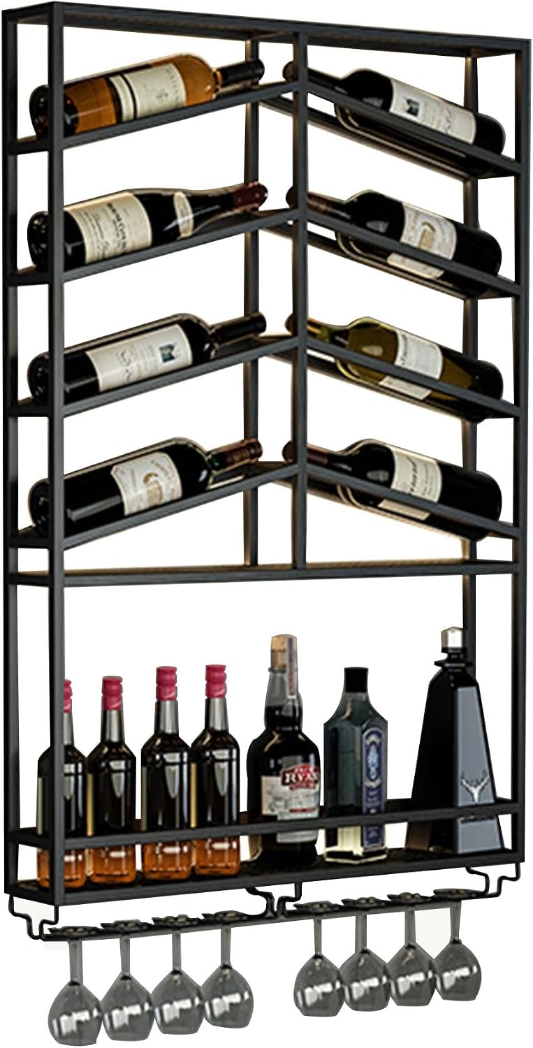 Wine Rack Wall Mounted Floating Bar Shelves Liquor Bottle Display Shelf Wall Mounted with Hanging Wine Glass Rack Holder for Liquor Bottles with LED Light for Home Bar Dining Room Living Room Kitchen(