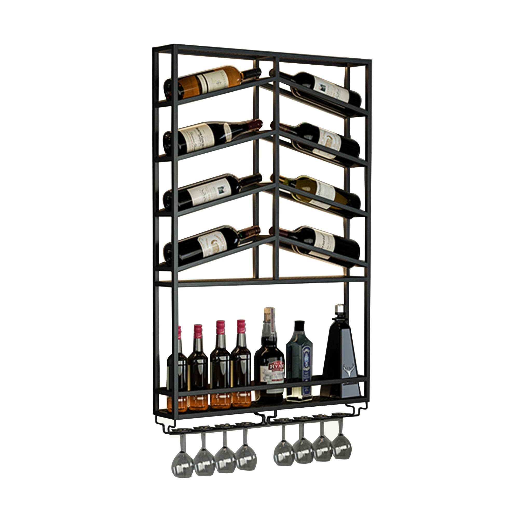 Étagère à vin murale flottante pour bouteilles avec support de verre suspendu et éclairage LED intégré