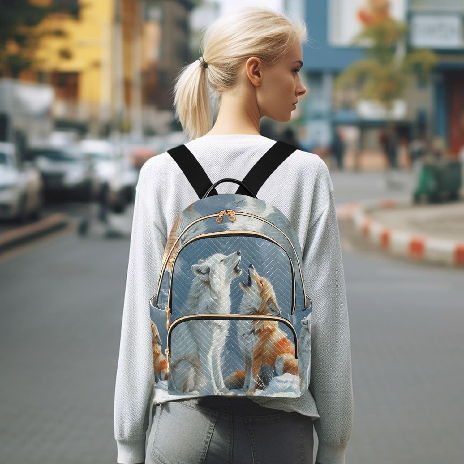 Arctic Wolf and Fox Mini Backpack Purse for Women Travel Bag Lightweight Shoulder Bag Fashion Daypack - Image 7