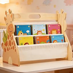 Kids Bookshelf Double Sided 4 Tier Portable Wood Toddler Montessori Book Shelf for Kid Room Nursery Bedroom Playroom