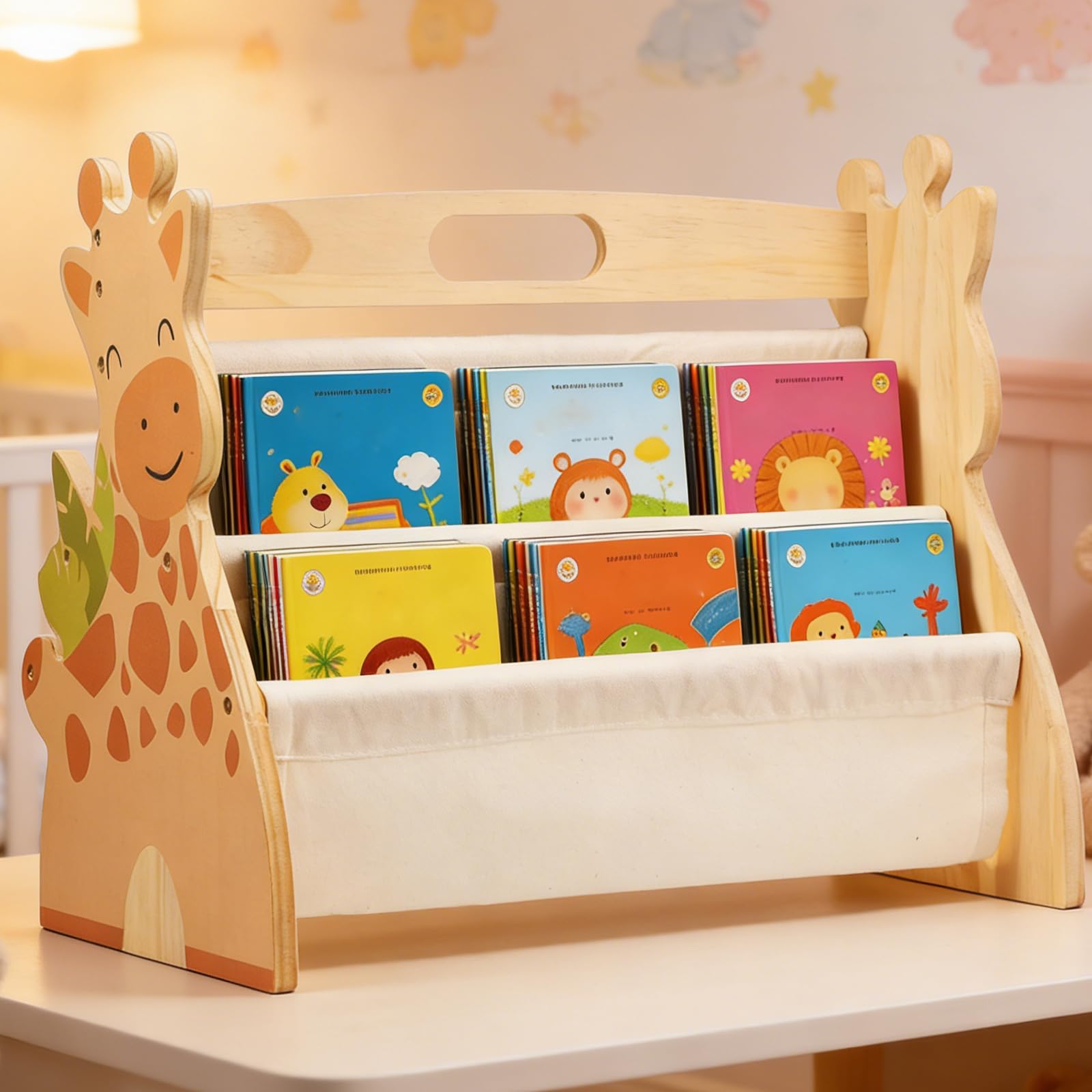 Kids Bookshelf Double Sided 4 Tier Portable Wood Toddler Montessori Book Shelf for Kid Room Nursery Bedroom Playroom