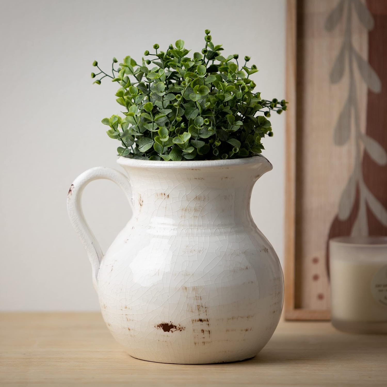Sullivans Modern Farmhouse Decorative Ceramic Pitcher, 9 x 7 x 8 inches, Distressed Farmhouse Décor, Off-White Crackled Finish, Faux Floral Vase, Mantel, Dining Table and Living Room Décor (CM2515)