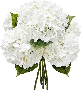21In White Artificial Hydrangea Flowers with Stems 5 Pcs | Real Touch Hydrangeas, Full Latex Petals, for Home DIY Floral Arrangements Wedding Outdoor Decor