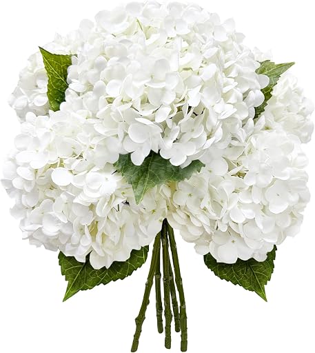 21In White Artificial Hydrangea Flowers with Stems 5 Pcs | Real Touch Hydrangeas, Full Latex Petals, for Home DIY Floral Arrangements Wedding Outdoor Decor