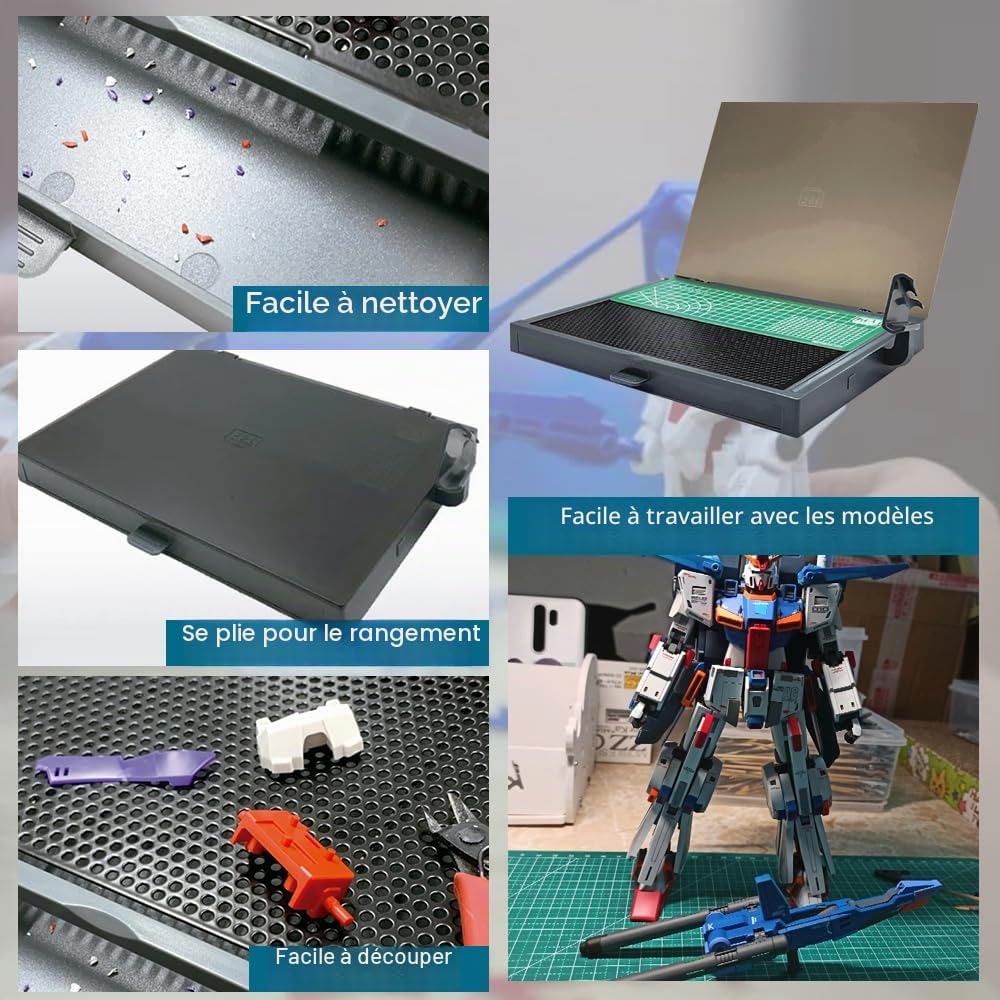 Gundam KJ018 Kit d'outils de modélisme, Plan de Travail Portable pour Modélisme, Table de Travail avec Tiroir Mobile, Support à Pinces, Version d'Affichage, Tapis de Coupe Double, Convient pour