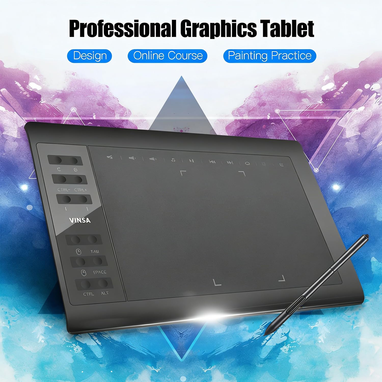 Tableta gráfica, tableta de dibujo, pantalla grande de 10 x 6 pulgadas, lápiz profesional sin sensibilidad a la presión de la batería, compatible con diferentes dispositivos, ideal para pintar, cursos