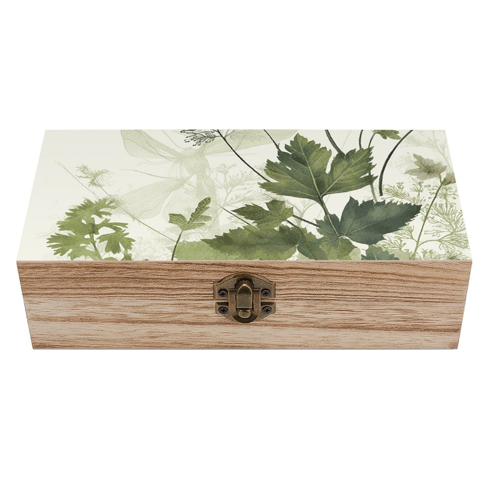 Foliage And Herbs with Dragonflies Winged Wooden Storage Box Exquisite Durable Wood Gift Case Sturdy Vintage Jewelry Wooden Chest for Art Hobbies Storage Keepsake Gift