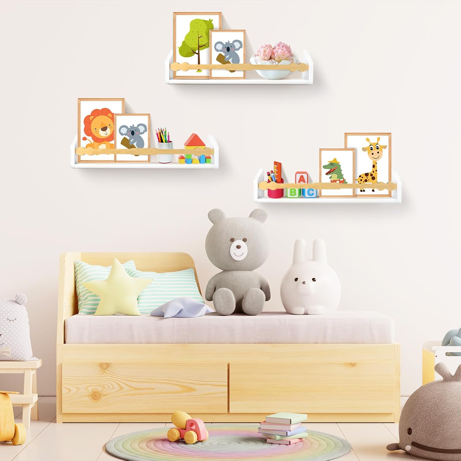 comfoyar Nursery Floating Book Shelves for Wall Set of 3, 15.7 Inch Solid Pine Natural Wood Hanging Bookshelf for Kids Room, Decoration for Bedroom Kitchen Bathroom Playroom, White and Natural