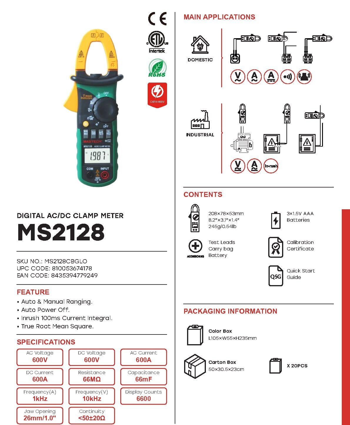 MS2101 MS2108 MS2019A MS2115A MS2125A MS2128/A MS2138/R MS2160 AC/DC Current Pliers Voltage Circuit Tester Pinces Multimètre AutoRange Digital Current Clamp Meter(MS2128)