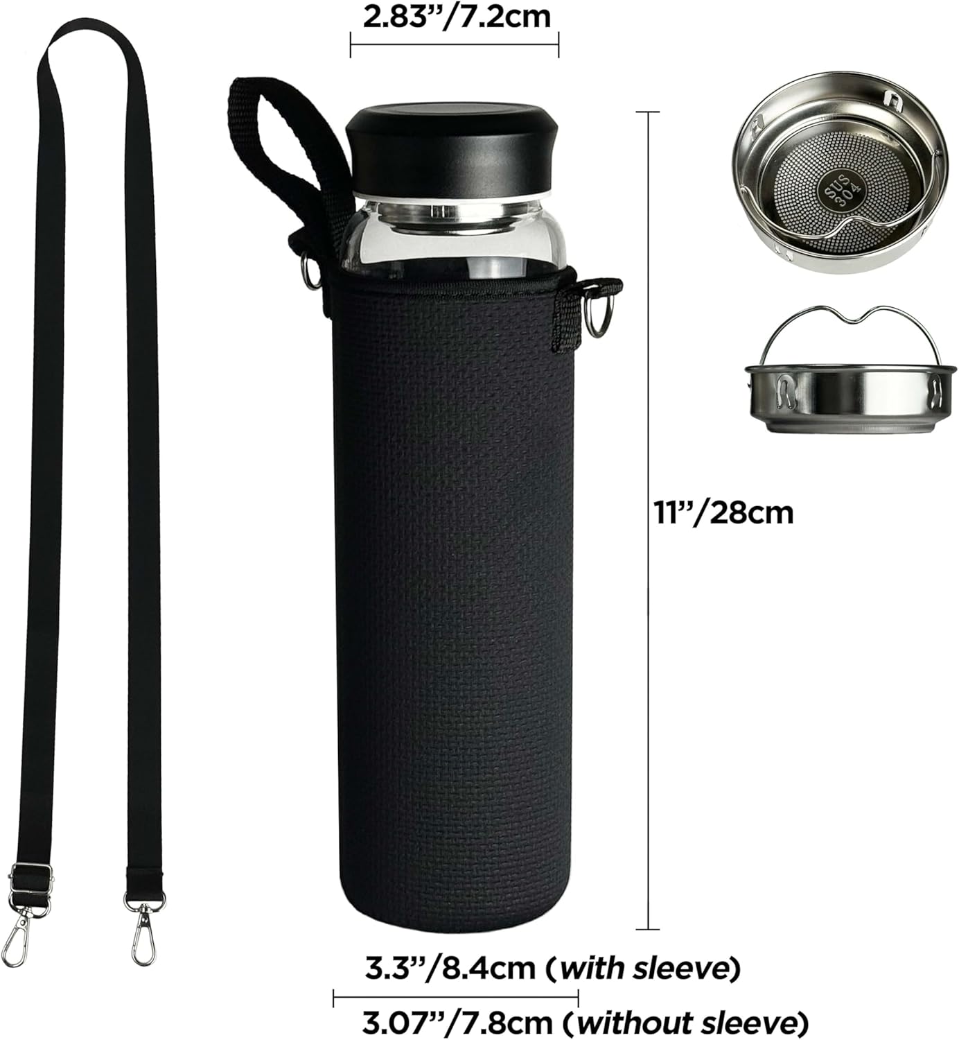 32 oz Clear Glass Water Bottles with Black Stainless Steel Lid - Wide Mouth Water Bottle with Sleeve and Strap (Black) - Image 3