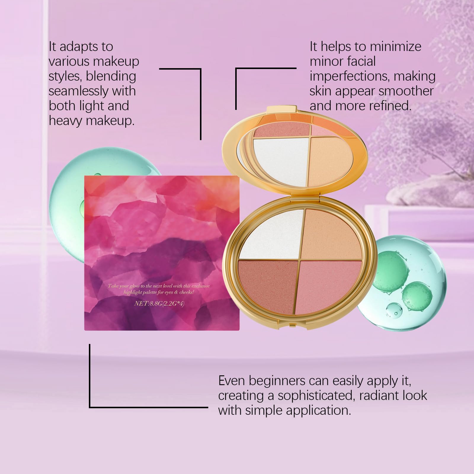 Palette Illuminatore Occhi E Guance - Ombretti E Illuminatori, 4 in 1, Blush, Setoso E Facile Da Esplosione, Polvere Contorno Brillante Naturale, Per Guance E Occhi (8 pezzi)