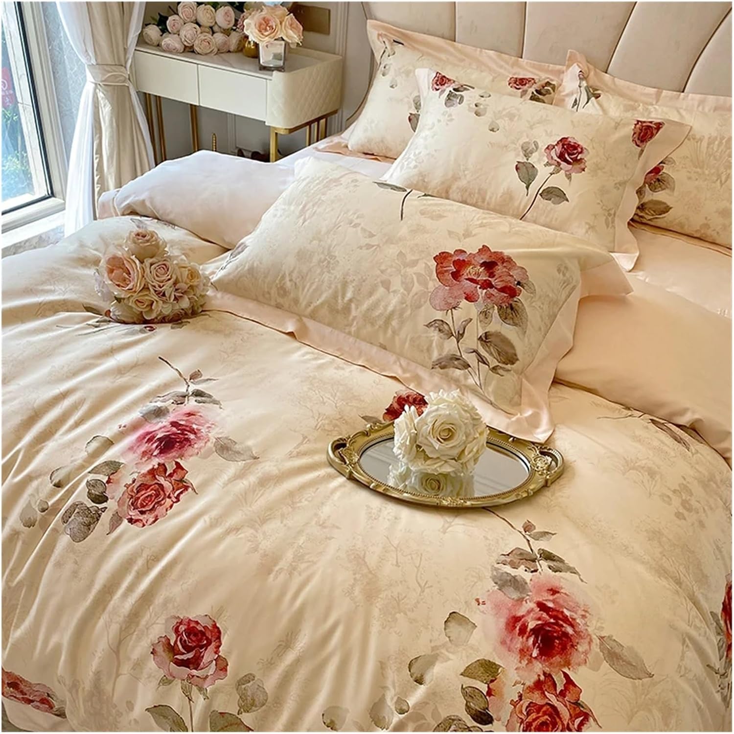 French V-intage Rose Print Bedding Sets 1000TC Egyptian Cotton Soft Silky Flower Pattern Duvet Cover Set Bed Sheets Pillowcases,Bed