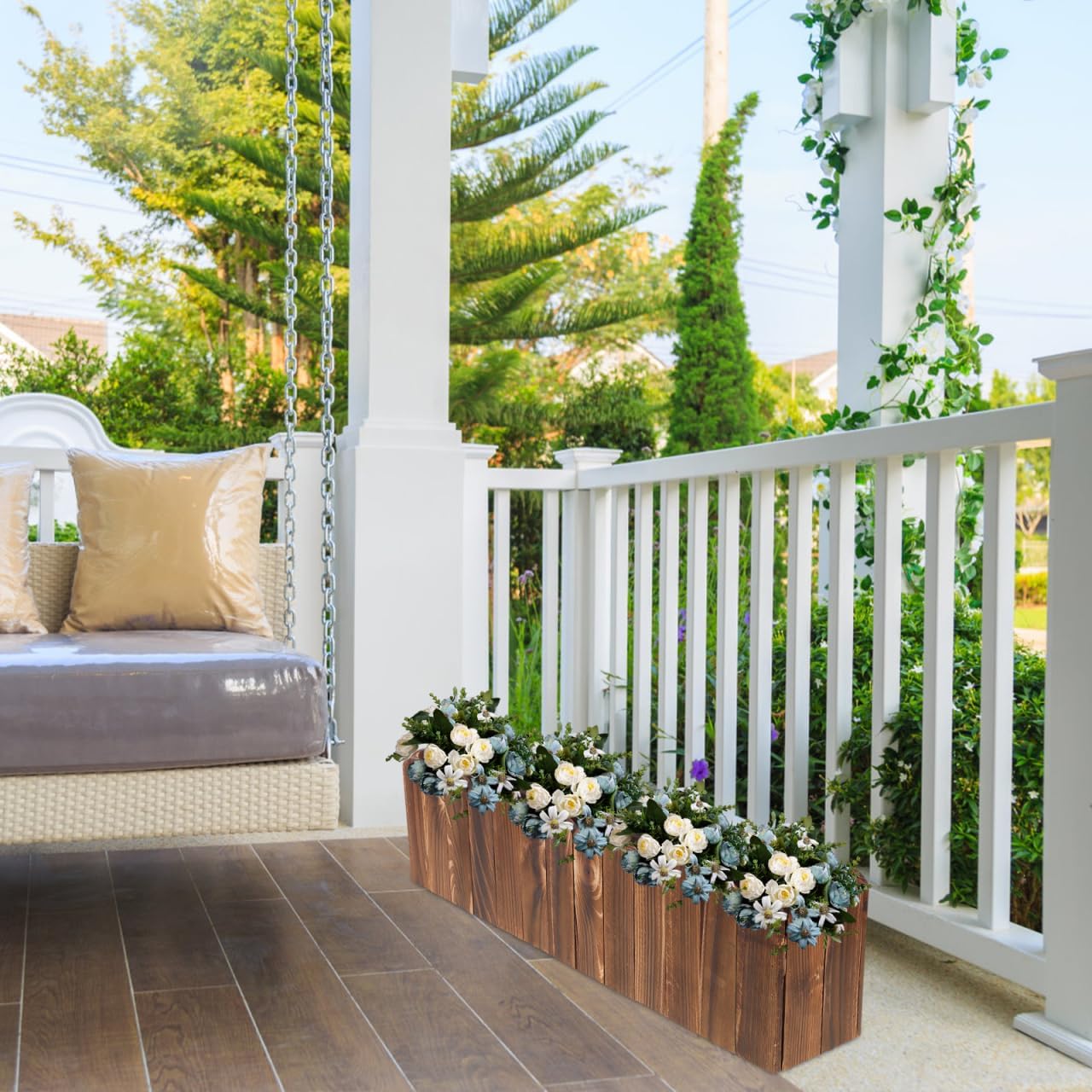 DOITOOL Wooden Picket Fence Planter Box 19.29X5.11X3.54In Window Flower Box for Home Garden Wedding Party Office Decor with Foam Inserts DIY Plant Basket Container