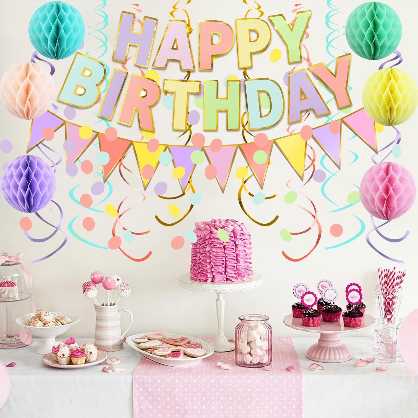 Fecedy Pancarta de feliz cumpleaños con banderines de papel coloridos, guirnalda de confeti, guirnalda de confeti, remolino, serpentinas, bola de panal para fiesta de cumpleaños