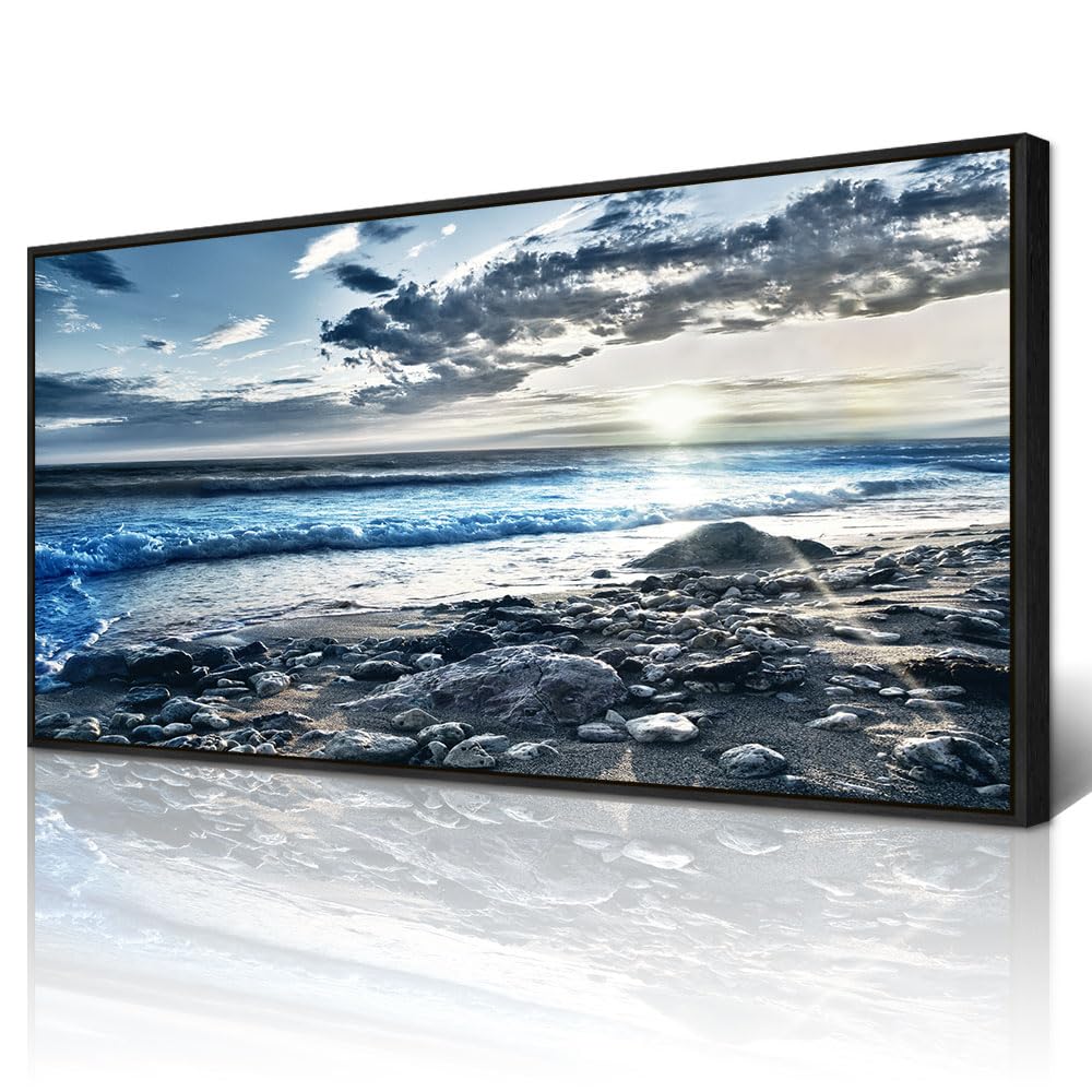 (similar)Wapluam Wall Decorations For Living Room Large Canvas Prints Wall Art For Bedroom Office Wall Decor Scenery Wall Painting Blue Sea Pictures Artwork For Fashion Black Framed Beach Posters Home Decor