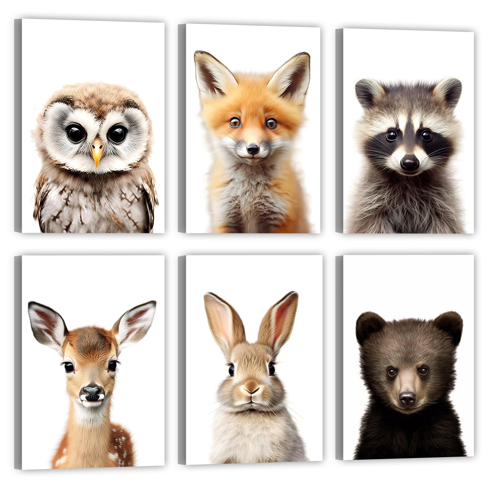 LZIMU Baby Safari Animals Nursery Wall Art 6 Pieces Cute Owl Fox Raccoon Deer Rabbit Bear Poster Woodland Canvas Prints Kids Room Decor (Frame (Ready to Hang), 8.00"x12.00"x6)