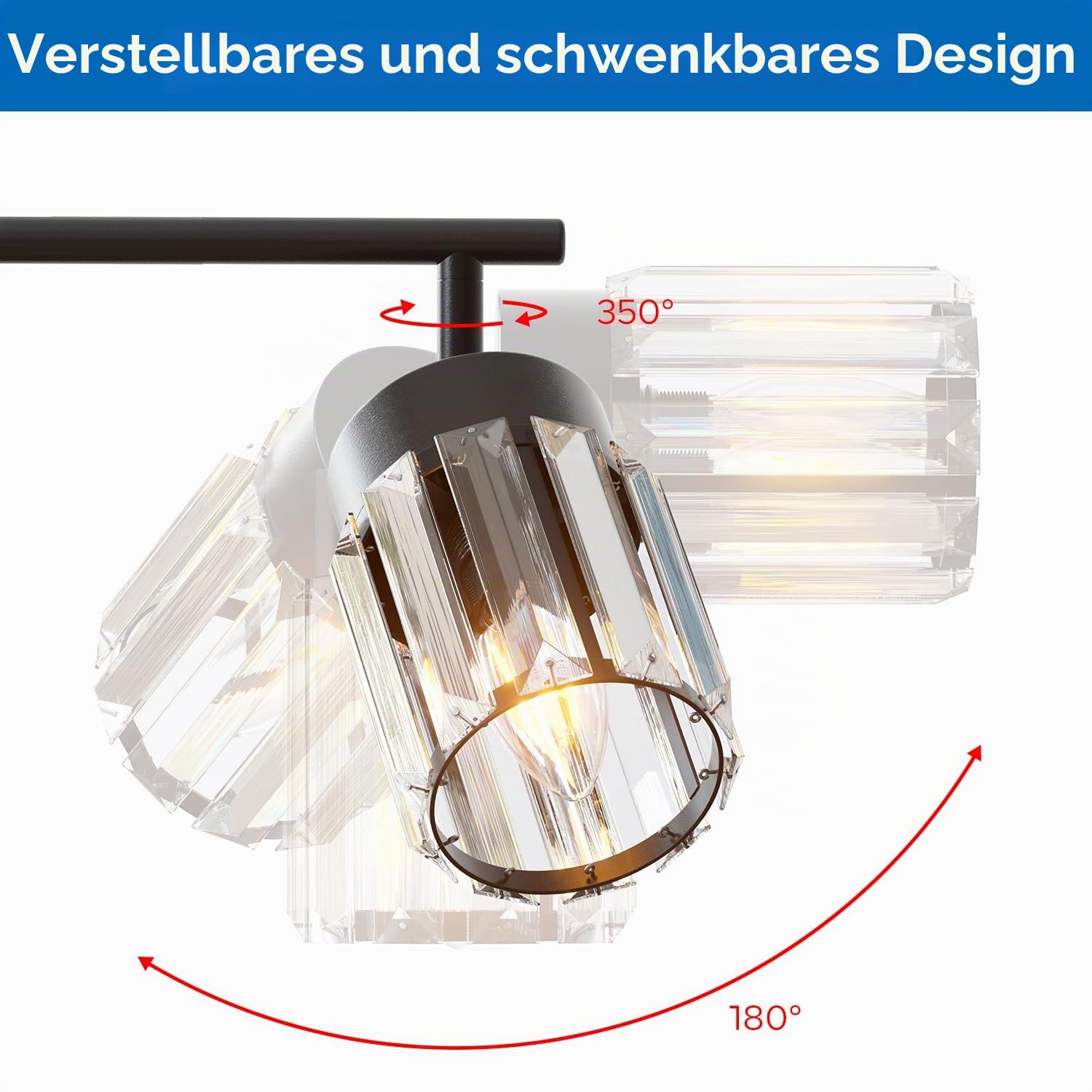 ANWIO Kristall Deckenleuchte 4-flammig Schwarz – Schwenkbarer Kronleuchter & Deckenstrahler aus Prismen-Glas, mit Regenbogen-Effekt, E14 Fassung für Wohnzimmer, Esszimmer & Flur (Ohne Leuchtmittel)