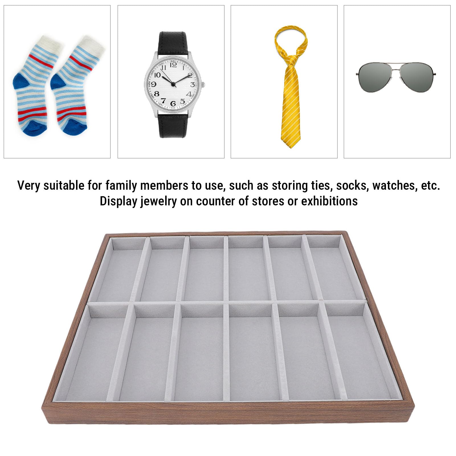 Fockety Scatola Organizer per Occhiali, 12 Griglie Organizer per Occhiali da Sole Organizer per Occhiali Vassoio Portaoggetti per Occhiali da Sole con Venature del Legno per Occhiali,