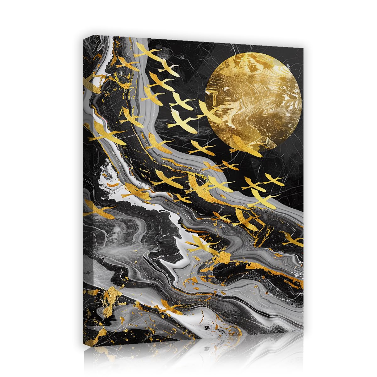 TOANGWALL Golden Moon Canvas Wall Art Dorm Golden Birds Framed Poster Prints Luxury Black Marble Abstract Painting Artwork for Bathroom Decor 65x80cm
