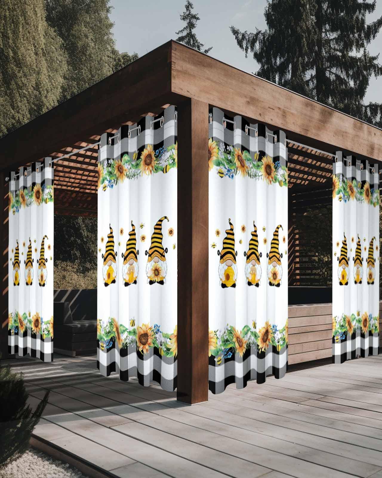 Outdoor Curtains for Patio Waterproof, Spring Bee Gnome Privacy Screen Outdoor Front Porch Decor, Grommet Outside Curtains for Porch, Pergola, Cabana, 1 Panel 52 x 84 inch